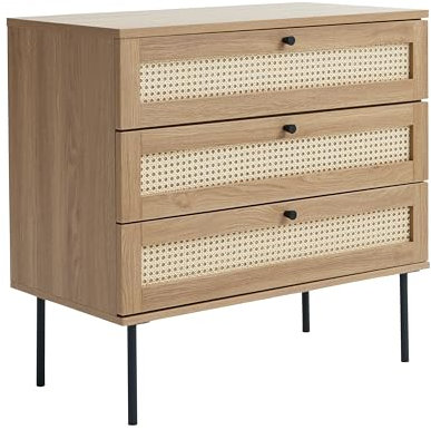 FJORDFORM Rattan Kommode, Kommode mit Schubladen, Metallbeine, Kommode Schlafzimmer, Schubladenkommode mit Viel Stauraum, Komodenschrank für Schlafzimmer, Wohnzimmer, Flur, Büro 80x75x40cm