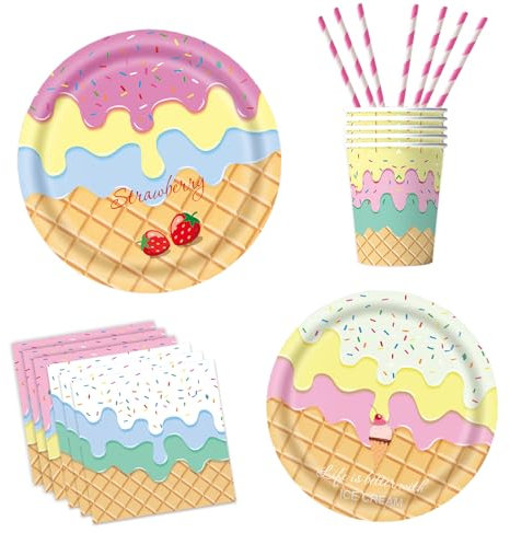 ASSUGO Eiscreme partygeschirr set, 60pcs tischdeko geburtstag einweggeschirr, Enthält eis Regenbogen deko pappteller,servietten,Pappbecher,Strohhalme geeignet für Somme,kinder geburtstags party deko