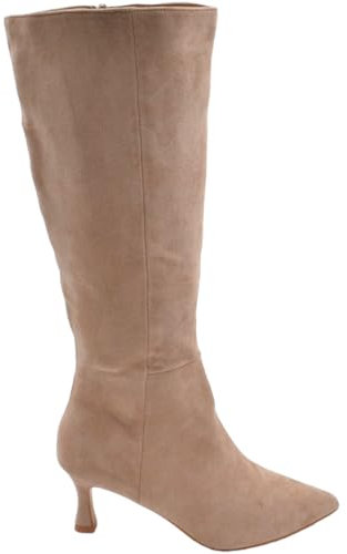 Stivale Alto Donna Beige in Pelle Scamosciata con Tacco a Spillo Sottile 5 cm Aderente con Zip e Punta Moda (36 EU)