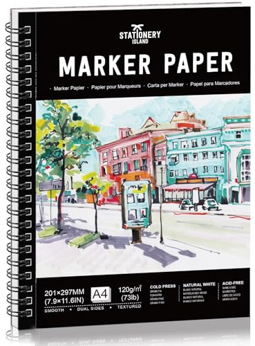 STATIONERY ISLAND Marker Papier A4 60 Sheets 73lb/120g Bleedproof Skizzenbuch Spiralgebundenes Skizzenblock zum Skizzieren Illustrieren Malen