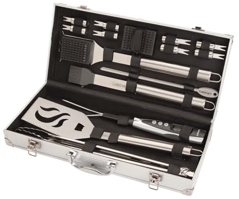 Cuisinart set barbecue 20 pezzi in acciaio inox: spatola, pinze, forchetta digitale, porta mais, spiedini, spazzola pulizia + custodia in alluminio. Accessori completi per grigliate perfette