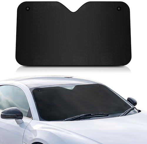 +PWR Car Parts Parasol de Aluminio Delantero Negro Mate Talla M 130 x 70 cm con Ventosas. Protege el Interior del Coche de los Rayos del Sol. Instalación Fácil y Rápida.