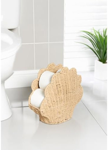 New Shell Toilet Roll Basket Holder | Decorative Bathroom Storage | Coastal-Inspired Design | Unique Toilet Tissue Organizer for Nautical Bathroom Décor A-08