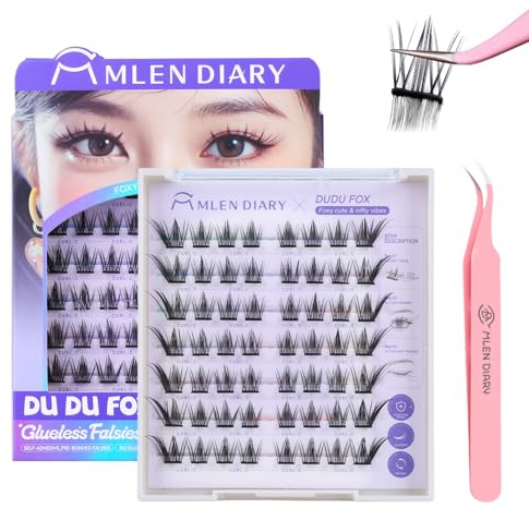 Mlen Diary Self Adhesive Lash Clusters, C Curl False Lashes, No Glue Reusable Manhwa Lashes with Tweezer, Press On Self Stick Cluster Lashes, Natural Look DIY Eyelash Extension Kit