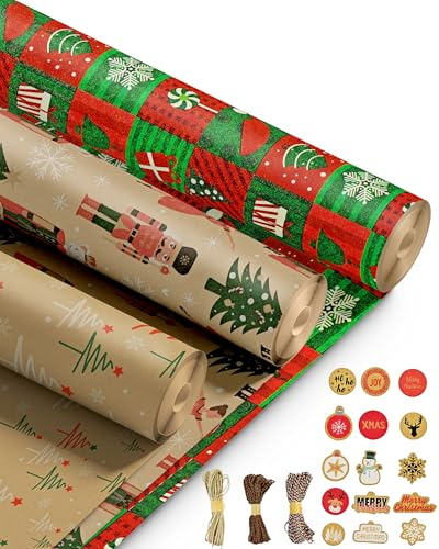Kraft & Co – 3 Pack Kraft Christmas Wrapping Paper Rolls 69cm x 8m, Recycled & Eco-Friendly Gift Wrap with 15 Tags & 3-Color Twine, Christmas Wrap Tear-Resistant, Sustainable Packaging, Total 24m Rol