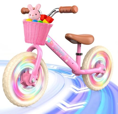 HappyGoLucky Laufrad Ab 2-5 Jahre, Kinder Lauflernrad – Leuchträder/Höhenverstellbar/Geflochtener Korb, Spielzeug Geschenk 2-5 Jahre Mädchen Outdoor Kinderspielzeug