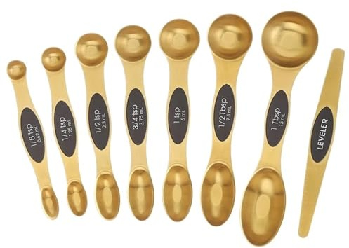 Measuring Spoons Stainless Steel Magnetic Measuring Spoons Set Dual Sided Stackable Gold for Cooking and Baking，Set of 8（Gold ）