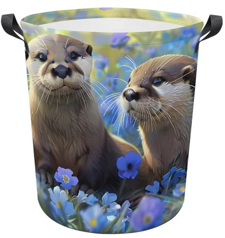Wäschetonne 40X50Cm, Zwei Uferbiber Sitzen Auf Einem Blumenfeld Wäschetruhe Mit Griffen,Robust Laundry Basket Für Spielzeug Waschküche Wäsche