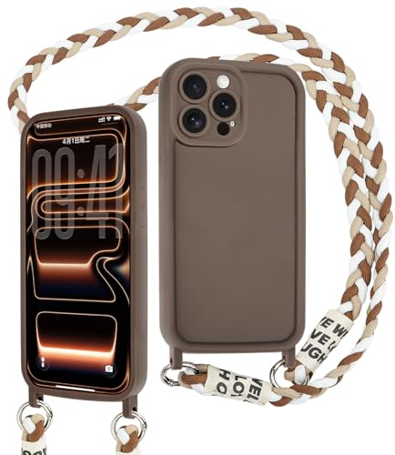 AICISINGN Handyhülle für iPhone 13 Pro Max Hülle mit Band,Handykette Schutzhülle mit Handyband Hülle mit Abnehmbar Kordel Kette zum Umhängen Stoßfeste Kameraschutz Case für iPhone 13 Pro Max Braun,01