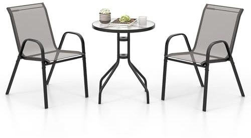 COSTWAY 3 Piece Patio Bistro Set, Garden Furniture Set with Glass Side Table and 2 Stackable Chairs, Outdoor Dining Table and Chairs Set for Balcony Backyard Poolside (Grey)