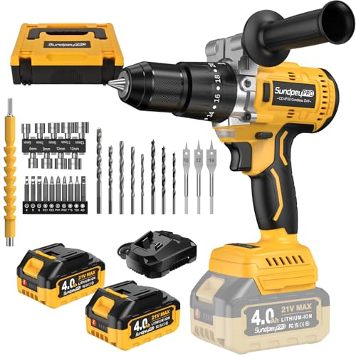 SundpeyPRO 21V Akkuschrauber mit Schlagbohrfunktion - 120Nm Max Bürstenloser Akku Bohrmaschine mit 2x4.0Ah Akkus, 2 Gang Akkubohrer Set, 13mm Bohrfutter, 20+3 Drehmomentstufen, 35-tlg Zubehör