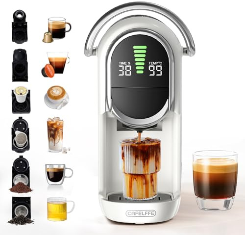 CAFELFFE MK-609S 6-in-1 Kapselkaffeemaschine mit automatischer Druckentlastung, Temperatur- und Kaffeemengenregelung | 6 Adapteroptionen für Kapseln, Teeblätter und Kaffeepulver, 1450 W, Weiß
