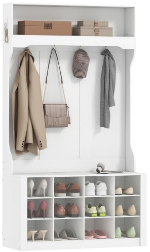 HOMCOM Porte-Manteau 4-en-1 avec Banc d'Entrée 100 x 35 x 172,2 cm Blanc | Style Rustique, 6 Crochets, 12 Compartiments à Chaussures, Étagère Ouverte