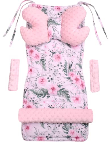 Medi Partners Sitzauflage Kinderwagen Buggy Baby Sommer Kindersitz Einlage Universal - 5tgl Gurtpolster + Spielbogen Kinderwagenset Babyschale (Blument mit hellrosa Minky)
