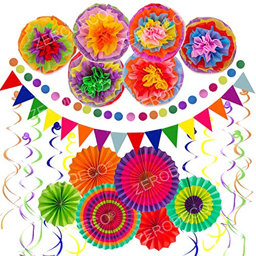 Zerodeco Decoración de la Fiesta del Carnaval, Pancarta Multicolor picado México Abanico de Papel pompón láminas Carnaval Globos de Cactus para la Fiesta del Carnaval Cinco de Mayo México