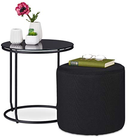 Relaxdays Beistelltisch mit Hocker, runder Couchtisch mit Sitzhocker, platzsparend, Glas & Metall, 40 x 40 cm, schwarz