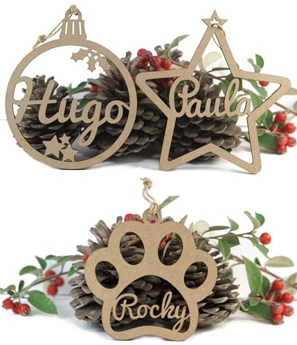 Bola de Navidad de madera personalizada con nombre para colgar en el árbol. Adorno navideño. Varios modelos.