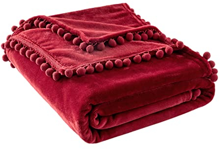 MIULEE Kuscheldecke Fleecedecke Flanell Decke mit Pompoms Einfarbig Wohndecken Couchdecke Flauschig Überwurf Mikrofaser Tagesdecke Sofadecke Blanket, 150x200cm, Weinrot