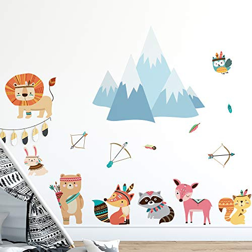 Alwayspon Wandaufkleber, Motiv: niedliche Eisberg-Indianer-Tiere, entfernbare Aquarell-Wandaufkleber, abziehen und aufkleben, Wandkunst für Zuhause, Kinderzimmer, Wohnzimmerdekoration