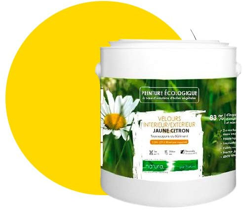 BOX DECO COULEURS Natura Naturfarbe, ökologisch, innen und außen, Velours-Optik, 2,5 l/33 m² [Energieeffizienzklasse A+], Zitronengelb, 2,5