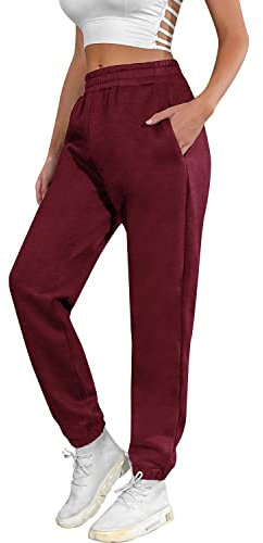 heekpek Jogginghose Damen Baumwolle Wärme Sporthose Damen Lang Sweatpants Lässige Lose Dick Freizeithose Damen Warme Hose für Winter, Weinrot, XL