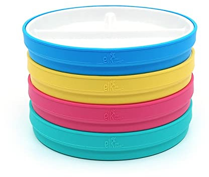 Elk and Friends Kids 6.7” Porcelain White Divided Plates with Silicone Sleeves | Suitable for Babies/Toddlers | Microwave & Dishwasher Safe | Non Slip Dinnerware | Snack Dishes | 4 Pack