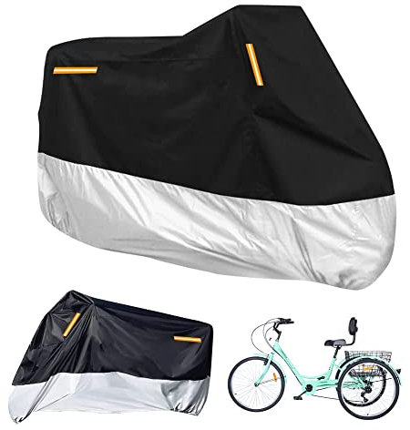 4er-Set Premium Dreiradabdeckung für Erwachsene, passend für alle 3-Rad-Fahrräder oder Motorräder im Innen- und Außenbereich, 264,2 cm L x 110 cm B x 124,5 cm H (Schwarz & Silber, 210D)
