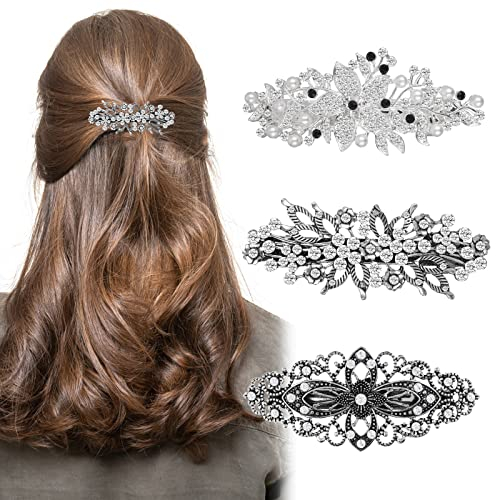 Molain 3 Stück große Haarspange mit Strasssteinen, Blumen Design, Brautschmuck Hochzeit silberfarben Kristallperlen Blumen Design Haarspange im Vintage Antik Stil für Frauen und Mädchen (Stil B)