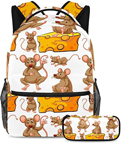 Mochilas de viaje para campus de ocio con estuche para bolígrafos, ratas de taco, ratones, queso con soporte para botellas, para niñas y niños, metálico, Talla única