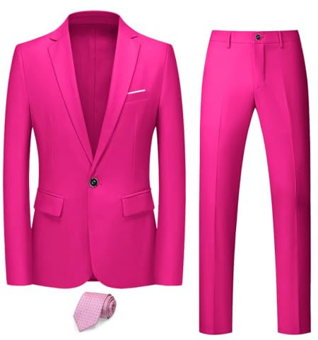 Hihawk Traje de 2 piezas para hombre ajustado con tela elástica, conjunto sólido de un botón, chaqueta, chaleco y pantalones con corbata., Fucsia, Large