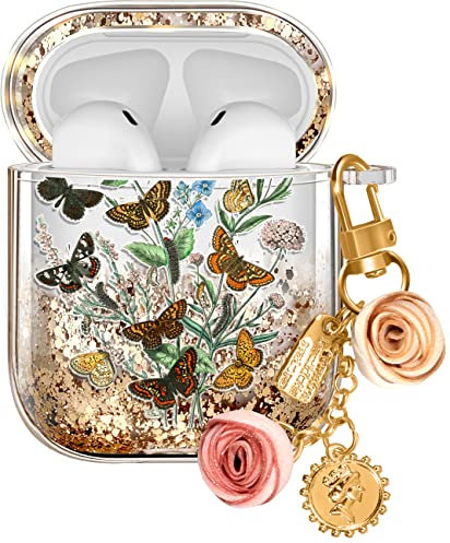 Kokaaee Funda para Airpod de 2ª y 1ª generación, funda Kawaii, bonita funda estética para niñas y mujeres, protector líquido con purpurina brillante, diseño de mariposa brillante, llavero para Apple