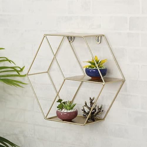 Hexagon Metallregal mit 3 Böden,Gewürzregal im Industrie Design, Küchenregal mit 3 Böden,Metall Wanddeko Wohnzimmer Industrieller Stil,Schweberegal Sechseckiges Hängeregal 29*10*25.6 cm (gold)