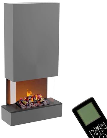 GLOW FIRE Wasserdampf Kamin HÖLDERLIN Hoch (Wandkamin) - Elektrokamin für die Wand mit realistischen LED 3D-Flammen, Knistereffekt & Fernbedienung, 80x158x40 cm, Opti-Myst 500 mit Holz-Deko, Grau