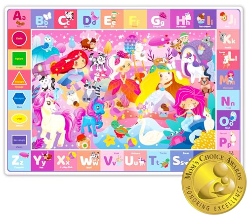 QUOKKA Large Baby Play Mat For Floor - 150x200 cm ABC Rug For Kids with Unicorn Princess - Extra Thick (0.8cm) - Non-Slip Padded Nursery Mat for Crawling & Fun - Toddlers & Infants Foldable Gift Rug