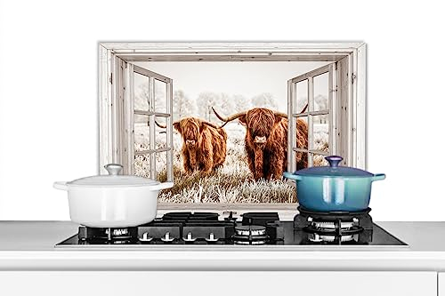 KitchenYeah© Spritzschutz Küchenrückwand Platte Kuchendeko Aluminium Platte Kitchen Wall Protector Rückwand KücheDurchsichtige - Schottisches Hochlandrind - Kuh - Tiere - Braun - 60x40 cm