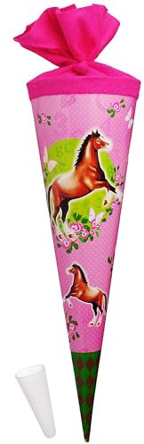 alles-meine.de GmbH Schultüte - Pferd & Blumenranken - 35 cm - rund - mit Filzabschluß - Zuckertüte - mit/ohne Kunststoff Spitze - kompatibel mit goldbuch - Mädchen - Pferd..