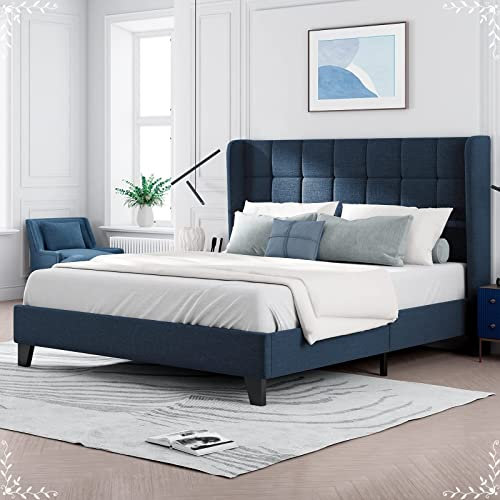 AMDXD Home Polsterbett mit gepolstertes Kopfteil Bettgestell Doppelbett mit Lattenrost, 140x200cm, in Blau Leinen, Mittelfest(Ohne Matratze)