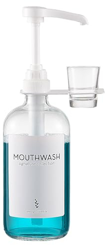 Onsogi Mundspülspender aus Glas mit Getränkehalter und Pumpe, 473 ml, rustikaler Boho-Mundwasserspender für Badezimmer, Bauernhaus-Dekoration, 1 Stück, transparent
