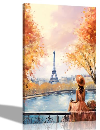 Artley Prints - Portrait Alone and Blissful in Paris Orange Extra große Leinwanddrucke für Schlafzimmer Wohnzimmer – Wandkunst Stadtbilder zum Aufhängen 101 x 76 cm
