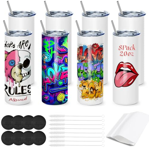 Cafultgo Set of 8 Sublimation Blanks Skinny Tumbler 20 OZ White Straight Bulk Stainless Steel Tumbler, with Lid and Straw, Shrink Wrap, Individually Boxed, Blank White