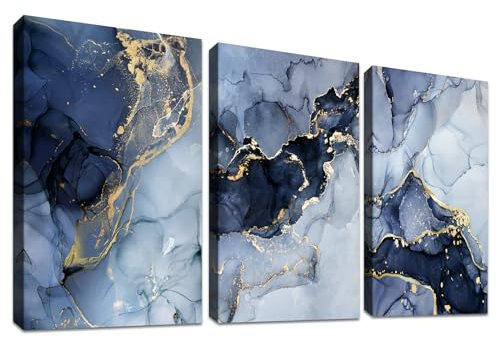 3Pcs Marbre bleu marine or Cadre en bois Impression sur Toile Tableau Affiche Decoration Murale abstraite Image sur Toile Peinture Tableau Decoration Murale Salon Chambre Maison 150x70cm(20x28x3pcs)