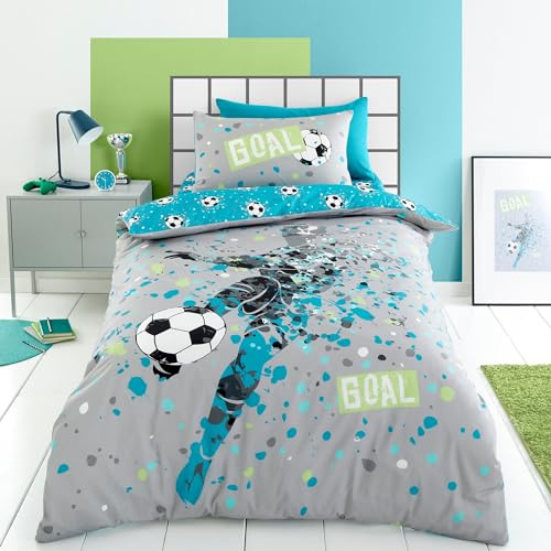Bedding Bedlam Blue Aqua Football Duvet Cover Double Size (200x200cm) – Reversible Soccer Set – 2 Pillowcases – Kids Sports Theme – 52% Polyester 48% Cotton