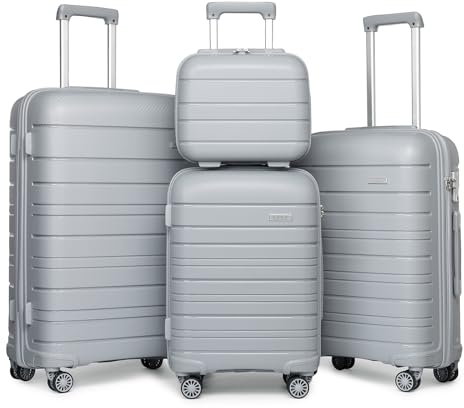 Kono Reisekoffer 4teiliges Set Polypropylen Handgepäck Set Hartschalen Trolley mit 4 Drehrollen und TSA Schloss(Grau)