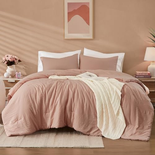 WRENSONGE Set copripiumino queen size, 3 pezzi, rosa antico in morbida microfibra, per letto queen size (1 soffice piumino con 2 federe), set di biancheria da letto per letto queen size adatto per