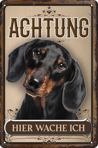 30 x 20 cm wetterfestes Blechschild, Warnhinweis, Torschild, Achtung, hier Wache ich! Warnung vor dem Hund (Dackel schwarz)