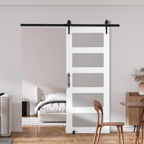 VEVOR Porta da fienile in vetro da 76 x 213 cm con kit hardware per porta scorrevole da 1,7 m incluso, 5 vetri smerigliati, legno massello impermeabile e antigraffio, pre-forato, facile da montare con