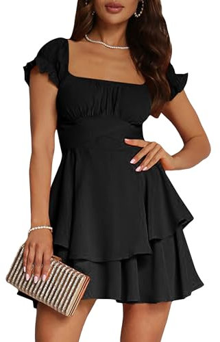 Springcmy Women Puff Sleeve Off Shoulder Dress Ruffle Tiered Smocked Layered Flowy Beach A-line Short Mini French Dress (A-Black, S)