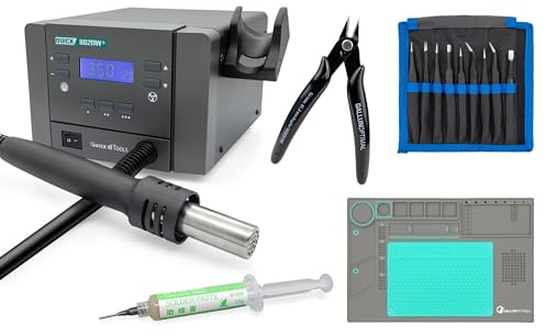 QUICK 862DW+ Heißluft Lötstation Sensor-geregelt und digital einstellbar, 3 Festspeicher - 1000 Watt/Temperatur 100-500 °C - Heißluft 50L/Min - SMD Reworkstation mit 4-teiligem Zubehör-Set
