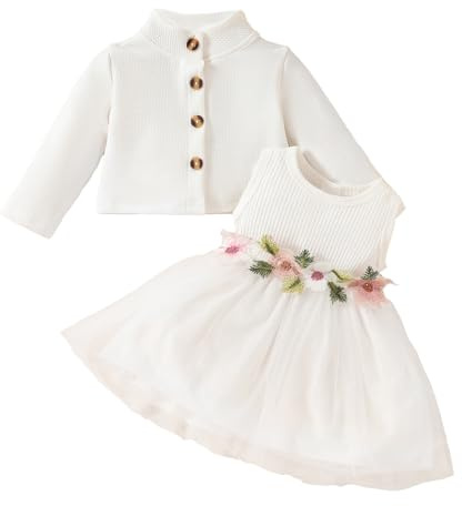 JiAmy Baby Mädchen Kleid Kleinkind Ärmellose Blumen Tüll Tutu Kleider und Langarm Waffel Strickjacke Mantel 2Pcs Outfits Set für Mädchen 2-3 Jahre Weiß