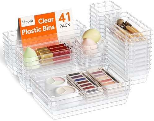 Lifewit 41 Stücke Schubladen Organizer mit 4 Größen, Schminktisch Ordnungssystem, Klar Kunststoff Makeup/Badezimmer/Drawer Box, Schreibtisch Tabletts für Küchen, Schmuck, Schlafzimmer, Büro
